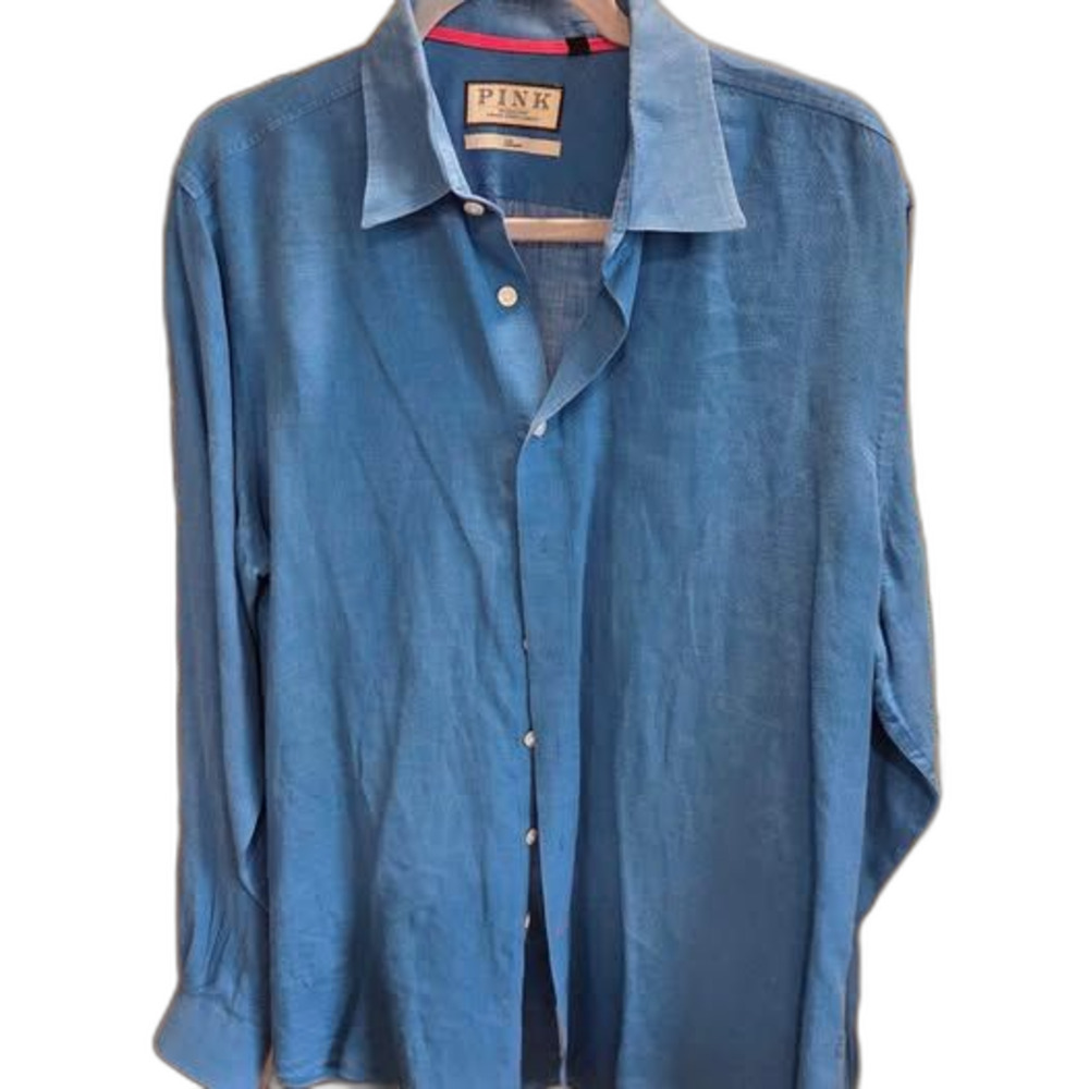 Thomas Pink Blue Linen Long Sleeve Shirt L